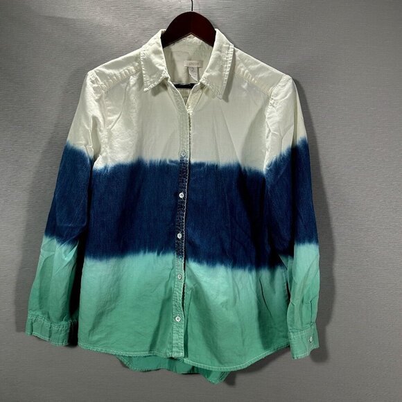 Chicos Blouse Womens Large Blue Green White Cotton Gradient Dye Button Up Shirt - Picture 1 of 7